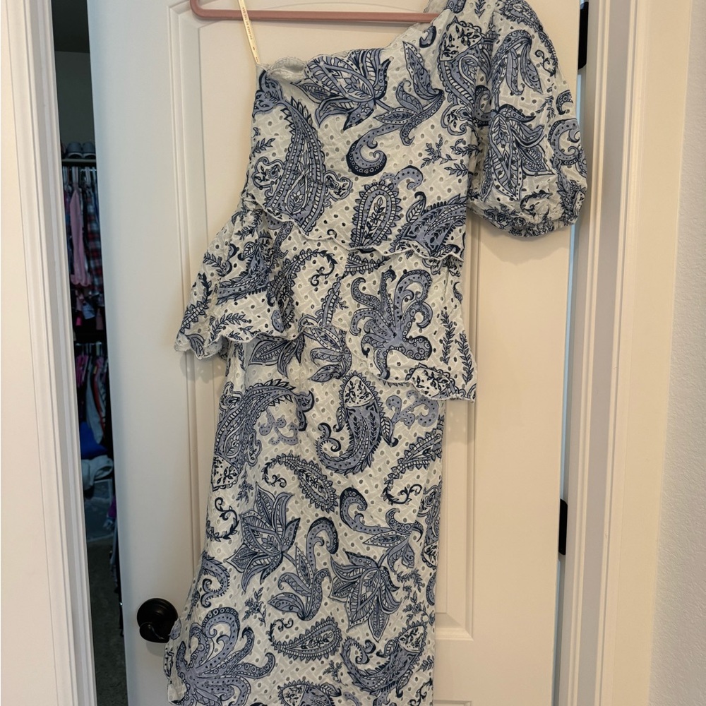 NWT FARM Rio Blue and White Ruffled One-Shoulder Dress